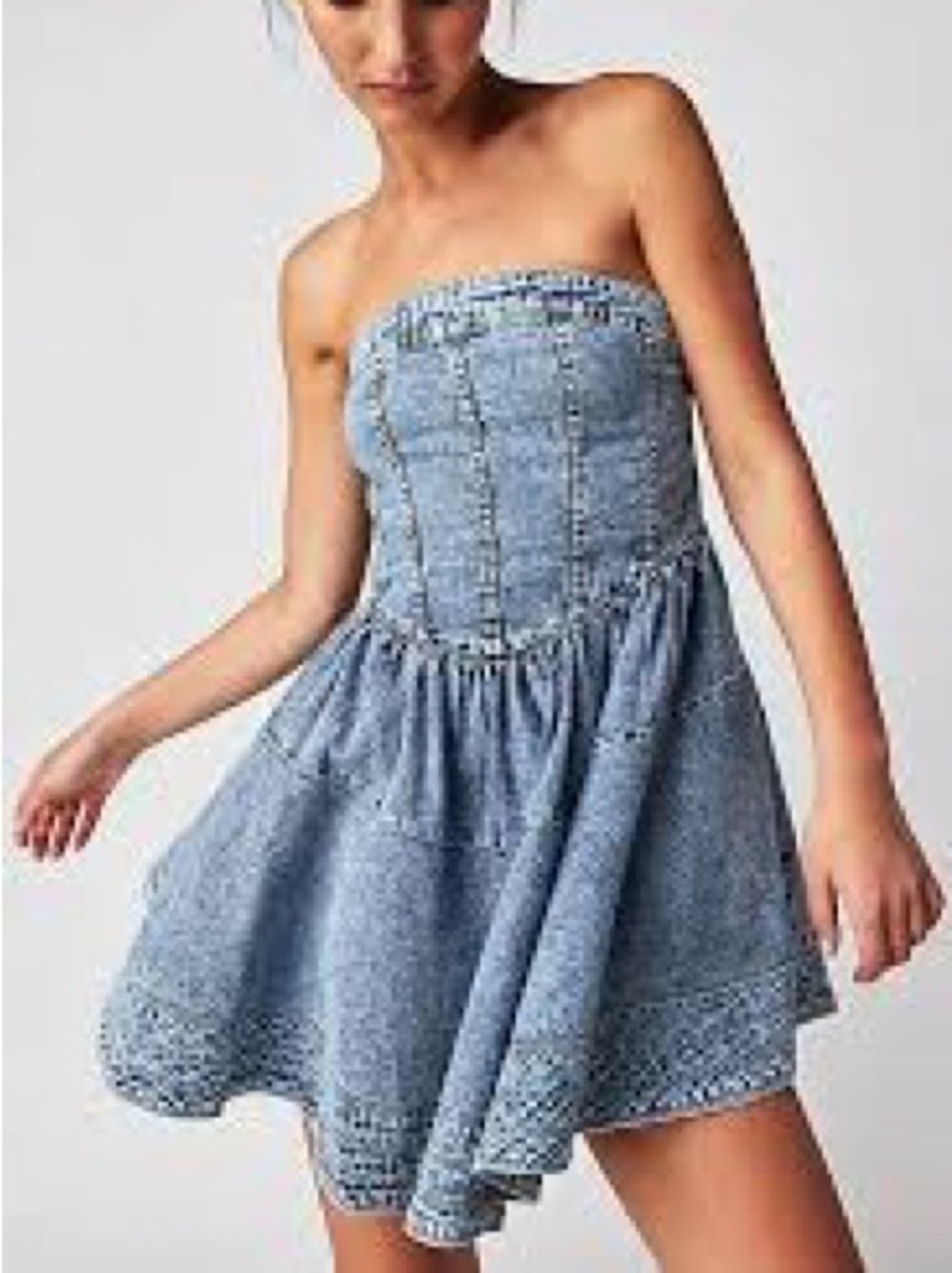 Free People Candace Corset Strapless Light Blue Denim Mini Dress L